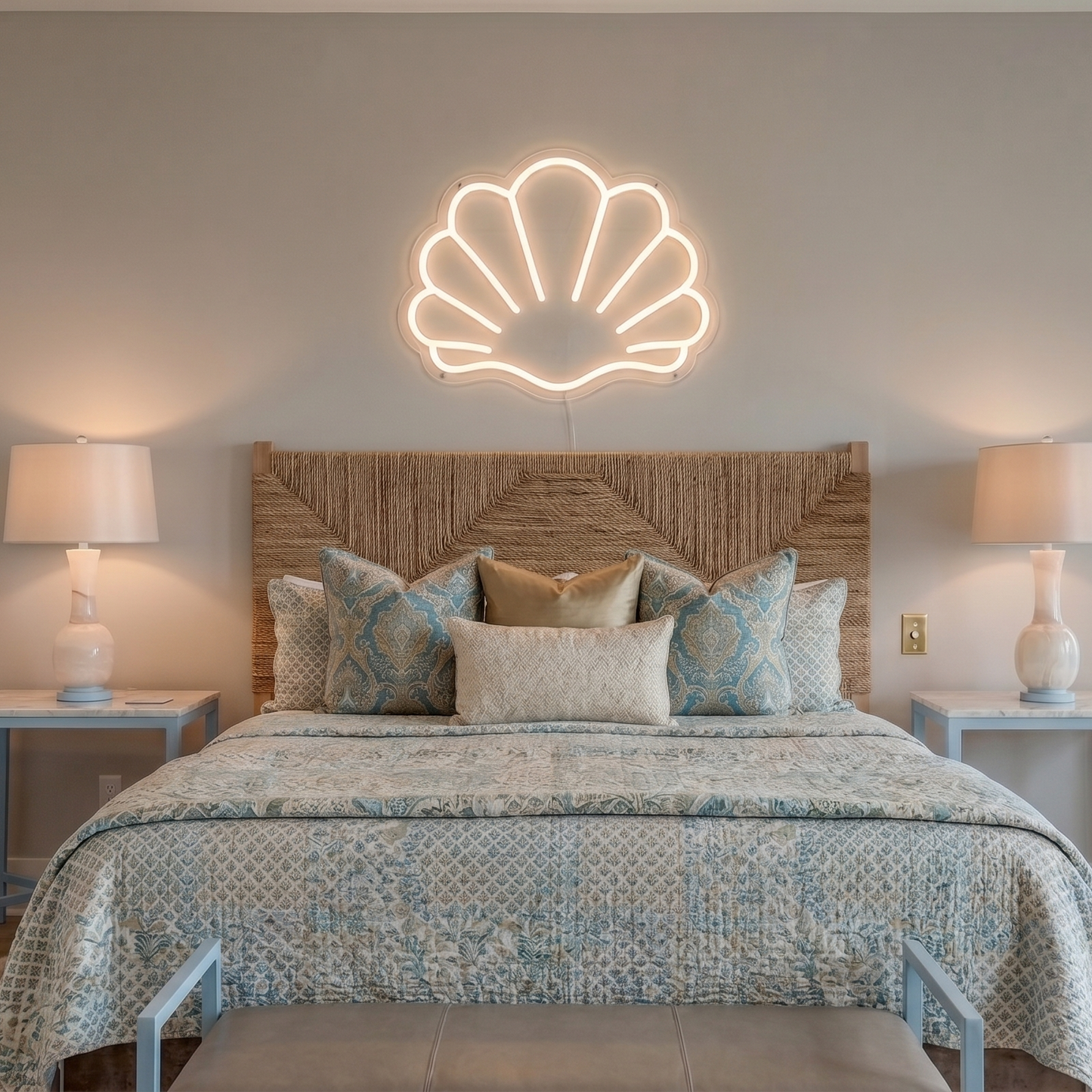 Neon light shaped like a shell above a bed in a bedroom.