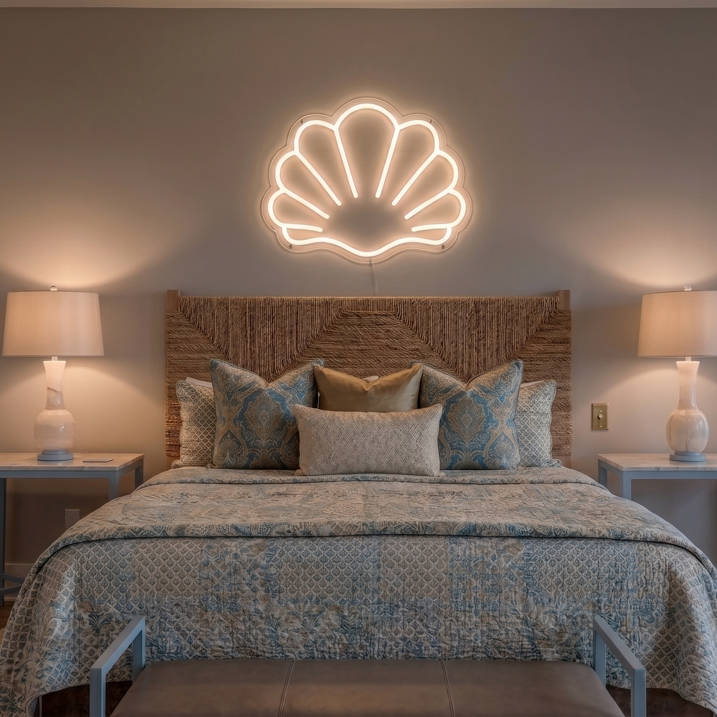 Neon shell light above a bed in a bedroom setting