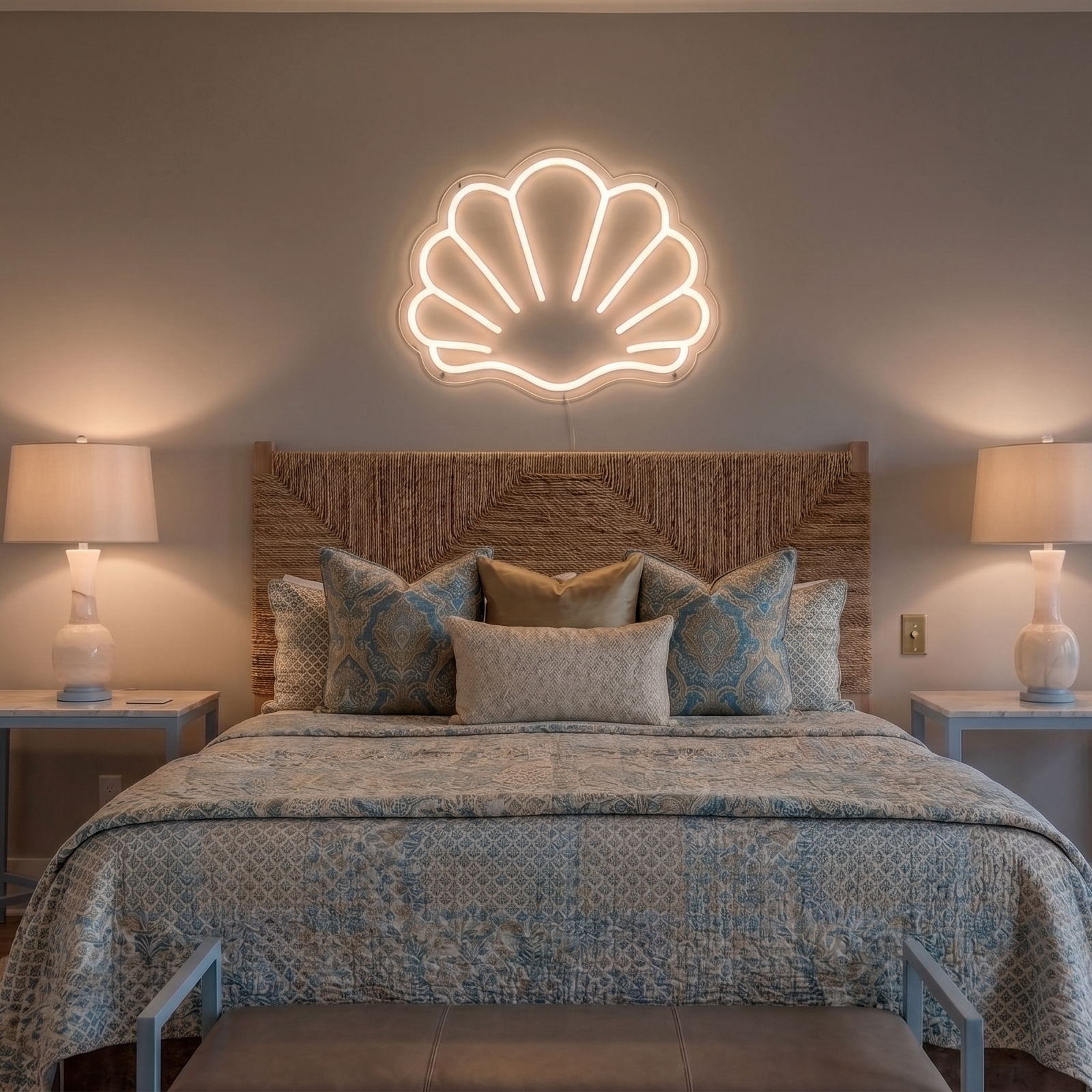 Neon shell light above a bed in a bedroom setting